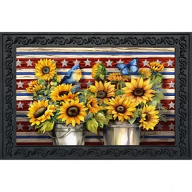 American Country Doormat with sunflowers, butterflies, and stars on red, white, and blue background design.