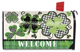 Green shamrock patterned oversized mailbox cover with welcome text and black and white checkered details.