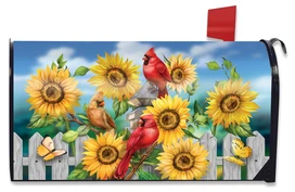 Cardinals and Sunflowers oversized mailbox cover with red cardinals, sunflowers, and white picket fence design.