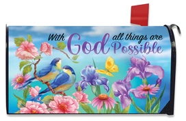 Oversized mailbox cover with blue birds, flowers, and "With God all things are Possible" text.