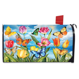 Sunshine Butterflies Oversized Mailbox Cover with colorful tulips, butterflies, and blue sky design.