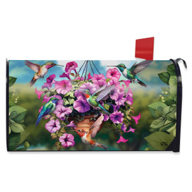 Hummingbirds and Petunias oversized mailbox cover with vibrant hummingbirds and pink flowers design.
