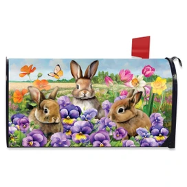 Spring Bunny Trio Oversized Mailbox Cover with colorful flowers and bunnies design on a white background.