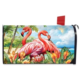Flamingo Pair Oversized Mailbox Cover with tropical beach scene and vibrant pink flamingos surrounded by flowers.
