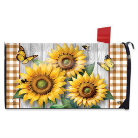 Sunflower Duo Oversized Mailbox Cover with yellow sunflowers, butterflies, and brown gingham accents, red flag.
