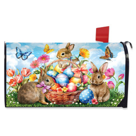 Springtime Bunnies Oversized Mailbox Cover with Easter eggs and flowers design on a colorful background.
