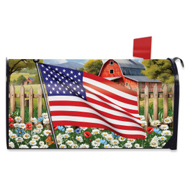 American Flower Field Oversized Mailbox Cover with USA flag, barn, and colorful flowers design.