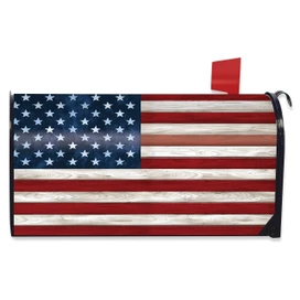Wooden American Flag Mailbox Cover with red and white stripes and blue star section.