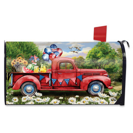 American Pickup Picnic Mailbox Cover, red vintage truck with patriot flags and flowers on white background.