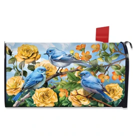 Bluebirds and Roses Mailbox Cover with three blue birds, yellow roses, and green leaves design.