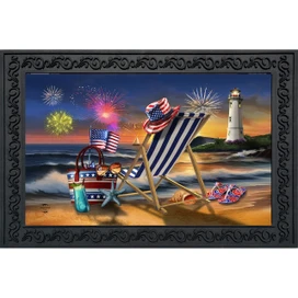Oceanside Fireworks Doormat with patriotic beach scene and lighthouse background.