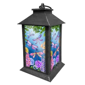 Dragonflies Lantern with colorful dragonflies and flowers on a blue background with a dark metal frame.