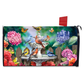 Spring Bath Birds Mailbox Cover with colorful birds, flowers, and butterflies on a garden background.