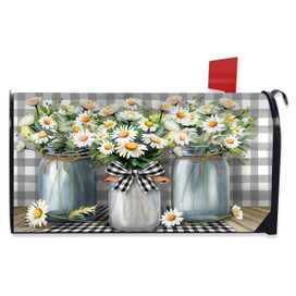 Farmhouse Jars Mailbox Cover with white daisies in glass jars on gray and white checkered background.