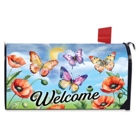 Butterflies and Poppies Mailbox Cover with colorful butterflies, poppies, and "Welcome" text on blue background.
