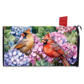 Perched Cardinals Mailbox Cover with vibrant red, brown cardinals on purple, blue hydrangeas and green leaves.