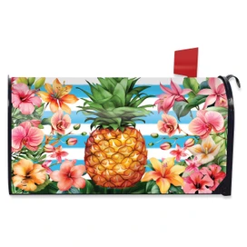 Pineapple and Stripes Mailbox Cover with colorful floral design and tropical pattern on white background.