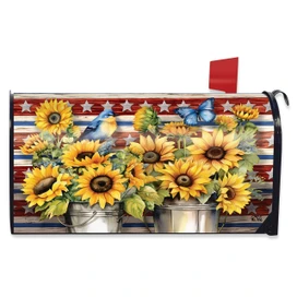 American Country Mailbox Cover with sunflowers, blue bird, butterfly on red, white and blue background.