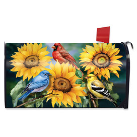 Birds in the Garden Mailbox Cover with sunflowers and colorful birds design on a mailbox.