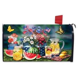 American Lemonade Mailbox Cover with patriotic summer scene and refreshing lemonade setup on grass.