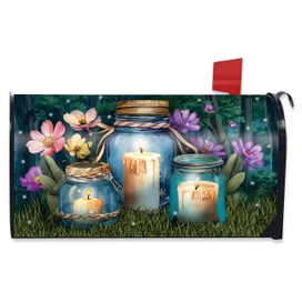Be a Light Jars Mailbox Cover with lit candles in jars and flowers on grass.
