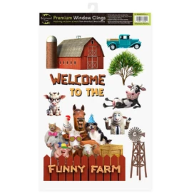 Funny Farm window clings with farm animals, barn, truck, and windmill in colorful vibrant designs.
