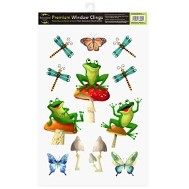 Happy Frogs Window Clings with green frogs, dragonflies, butterflies, and mushrooms in colorful vibrant designs.