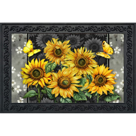 Elegant Sunflowers doormat with yellow flowers, green leaves, and butterflies on a decorative black background.
