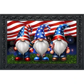 Saluting Gnome Doormat with three patriotic gnomes, American flag, and fireworks on green grass.