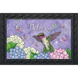 Hummingbird and Hydrangea doormat with colorful flowers, hummingbird, butterflies, and "Welcome" on purple background.