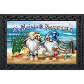 5 O'clock Beach Gnomes Doormat with colorful gnomes, beach scene, and "It's 5 o'clock Somewhere" text.