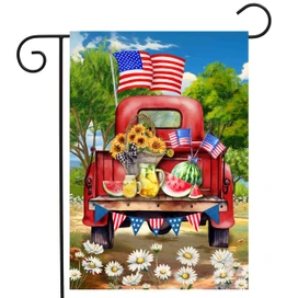 American Pickup Picnic Garden Flag with red truck, American flags, fruit, and flowers.