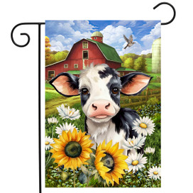 Cute cow garden flag with sunflowers and barn, black and white cow with pink nose.