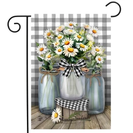 Farmhouse Jars Garden Flag with daisies in mason jars and gingham ribbons on wooden floor.