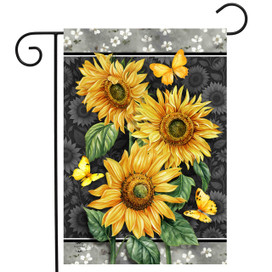 Elegant Sunflowers Garden Flag with yellow flowers, green leaves, and butterflies on gray background.