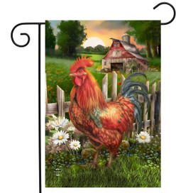 Sunrise Rooster Garden Flag with colorful rooster, flowers, barn, and fence at sunrise.