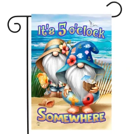 5 O'clock Beach Gnomes Garden Flag with colorful beach gnomes and "It's 5 o'clock somewhere" text.