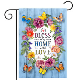 Bless This Home With Love Garden Flag with floral wreath and butterflies on blue background.