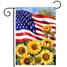 American Sunflowers Garden Flag with USA flag and yellow sunflowers on a decorative black metal hanger.
