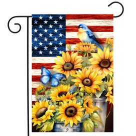 American Country Garden Flag with sunflowers, blue bird, butterfly, and American flag design.