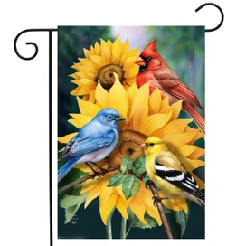 Birds in the Garden flag with sunflowers and three colorful birds perched on a branch together.