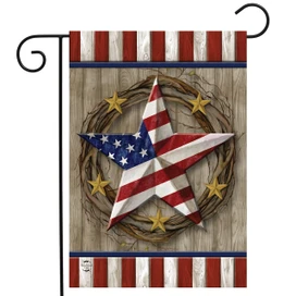 American Barn Star Garden Flag with patriotic star and wreath design in red, white, and blue.
