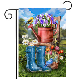 In the Spring Garden Garden Flag with blue boots, watering can, and colorful flowers and birds.