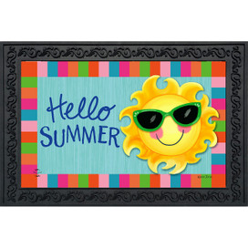 Hello Sun Summer Doormat with colorful border and smiling sun wearing sunglasses on a blue background.