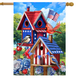 Red, white, and blue birdhouses with birds and flowers on a patriotic house flag design.