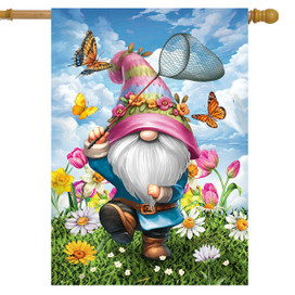 Springtime Gnome House Flag with colorful gnome, butterflies, and flowers on a blue background.