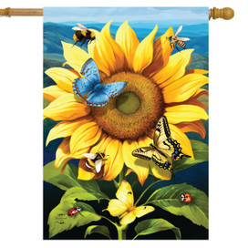 Sunflower Dance House Flag with colorful butterflies and bees on a large yellow sunflower design.