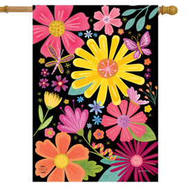 Vibrant Spring Fling House Flag with colorful flowers, butterflies, and dragonflies on a black background.