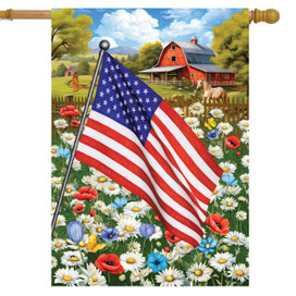 American flag waving in colorful flower field with red barn and horses in background on house flag.