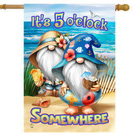 Two beach gnomes with white beards on a house flag with ocean and beach scenery background.